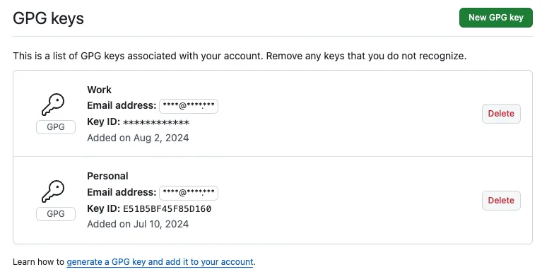 The GPG keys page in GitHub settings, listing a work key and a personal key