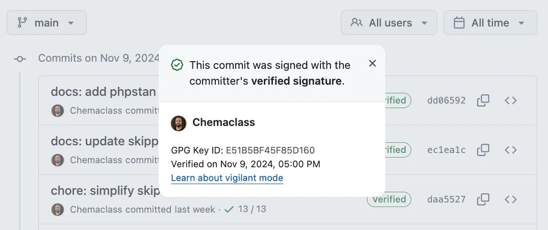 GitHub’s Verified popover naming the GPG key ID that signed the commit and the date it was verified