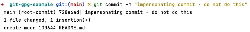 Terminal running git commit -m “impersonating commit - do not do this”
