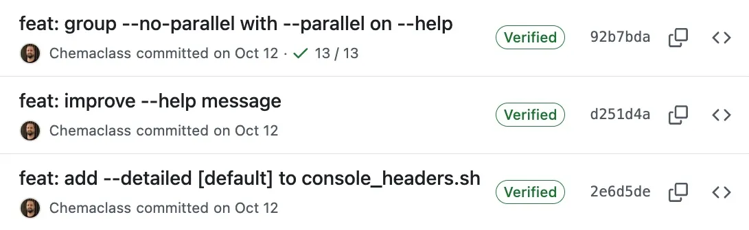 Three bashunit commits on GitHub, each carrying a green Verified badge