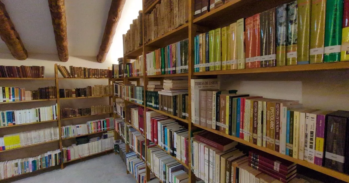 Small library with wooden bookshelves and stacks of books
