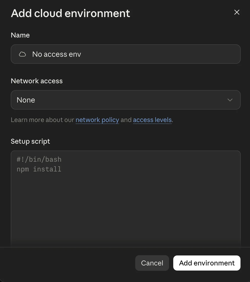 Add cloud environment dialog, named No access env, with network access set to None and an empty setup script