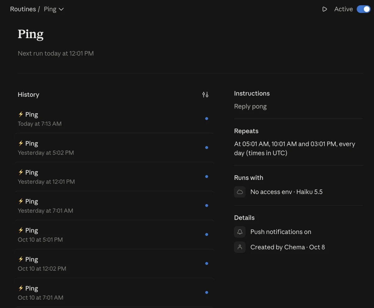The Ping routine page with its run history, three runs a day, running with No access env and Haiku 5.5