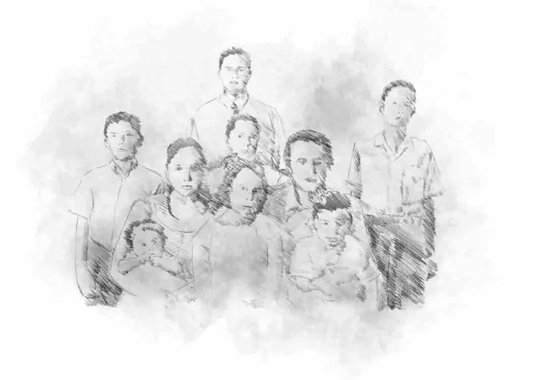 A family group portrait spanning several generations, drawn in soft pencil