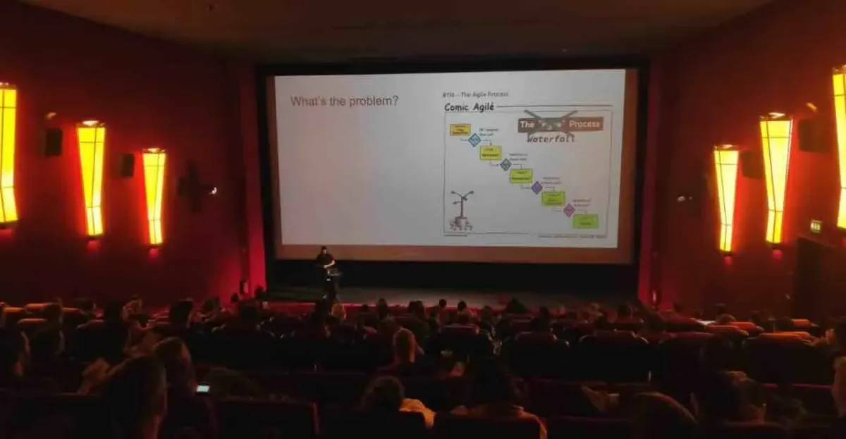 A packed cinema auditorium at code.talks 2022, the slide asking what the problem is beside a Comic Agile strip